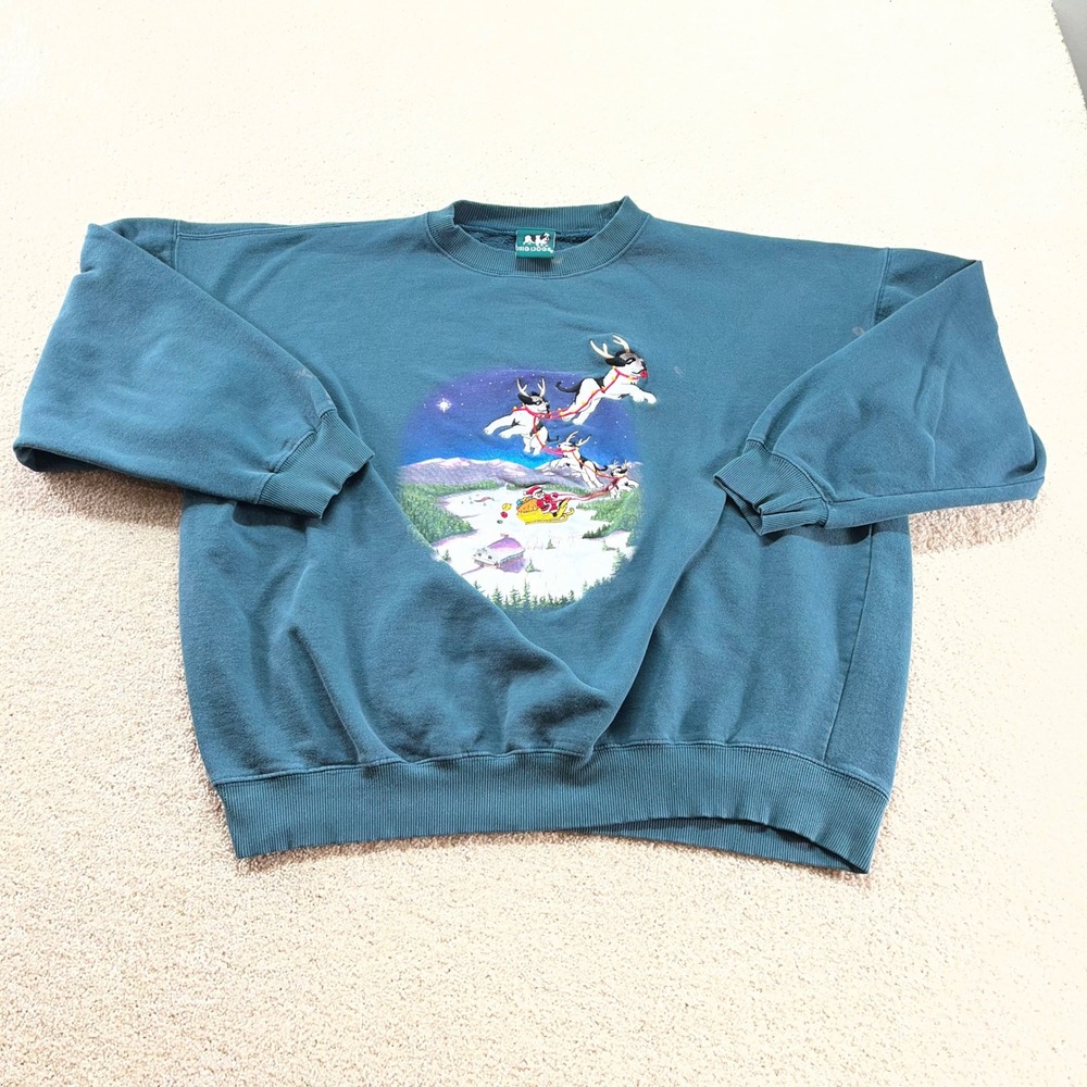 Big Dogs Sweatshirt Mens XL Teal Green Christmas Reindeer Sleigh Graphic Fleece